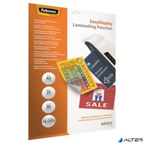   Meleglamináló fólia, 80 mikron, A3, fényes, öntapadó, 25 db, FELLOWES "Admire Easy Display"