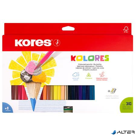 Színes ceruza készlet, háromszögletű, KORES "Triangular", 36 különböző szín
