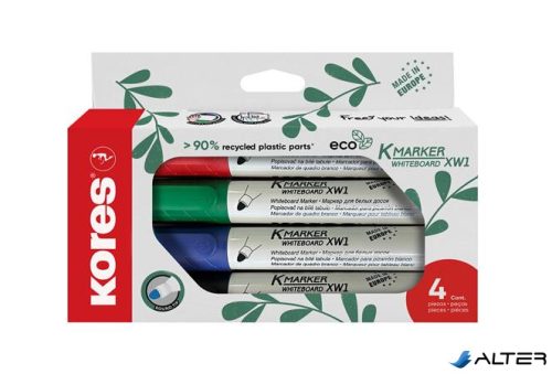 Tábla- és flipchart marker készlet, 3 mm, kúpos, KORES 'ECO K-Marker XW1', 4 különböző szín