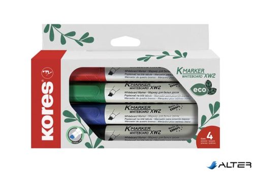 Tábla- és flipchart marker készlet, 3-5 mm, vágott, KORES "ECO K-Marker XW2", 4 különböző szín