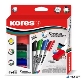   Tábla- és flipchart marker készlet mágneses táblatörlő szivaccsal, 3 mm, kúpos KORES "XW1", 4 különböző szín