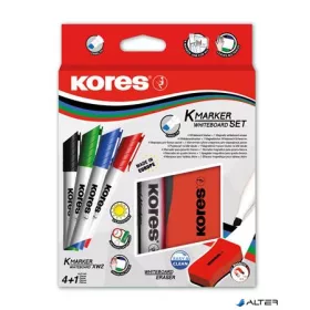   Tábla- és flipchart marker készlet mágneses táblatörlő szivaccsal, 3-5 mm, vágott, KORES "XW2", 4 különböző szín