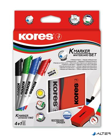 Tábla- és flipchart marker készlet mágneses táblatörlő szivaccsal, 3-5 mm, vágott, KORES "XW2", 4 különböző szín
