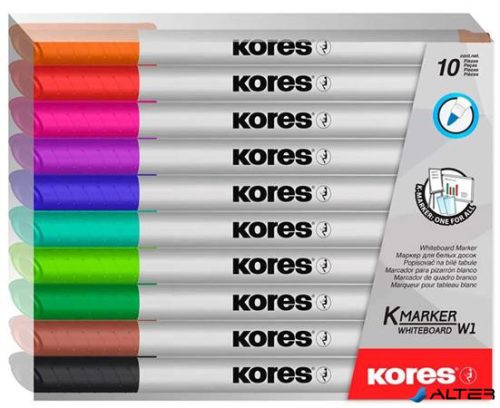 Tábla- és flipchart marker készlet, 1-3 mm kúpos, KORES "K-Marker W1", 10 különböző szín