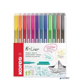   Tűfilc készlet, 0,4 mm, KORES "K-Liner", 12 különböző szín