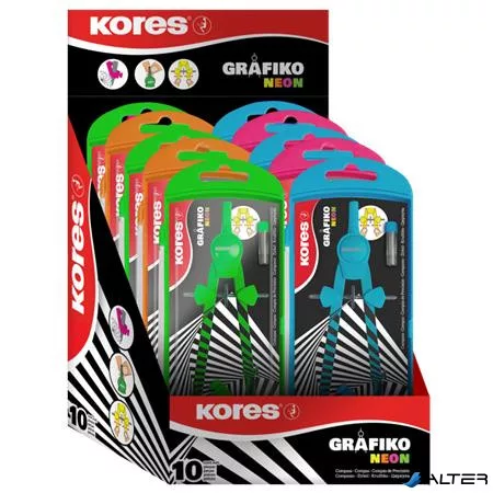 Körző készlet, precíziós, 3 darabos, KORES 'Grafiko Neon', vegyes színek