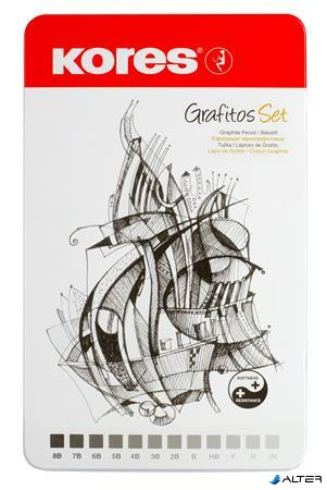 Grafitceruza készlet, fém doboz, háromszögletű, KORES 'GRAFITOS', 12 különböző keménység