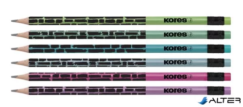 Grafitceruza radírral, HB, háromszögletű, KORES 'Style Cracked', vegyes metál színek