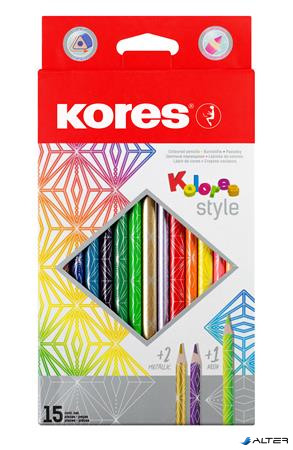Színes ceruza készlet, háromszögletű, KORES "Kolores Style", 15 különböző szín