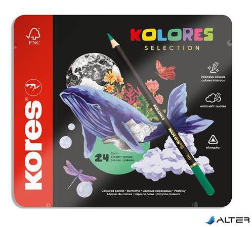 Színes ceruza készlet, háromszögletű, fém doboz, KORES "Kolores Selection", 24 különböző szín