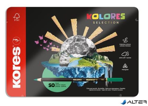 Színes ceruza készlet, háromszögletű, fém doboz, KORES 'Kolores Selection', 50 különböző szín