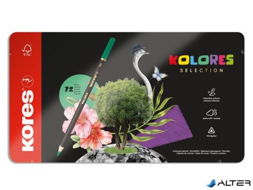 Színes ceruza készlet, háromszögletű, fém doboz, KORES 'Kolores Selection', 72 különböző szín