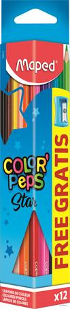 Színes ceruza készlet, háromszögletű, hegyezővel, MAPED 'Color'Peps Star', 12 különböző szín