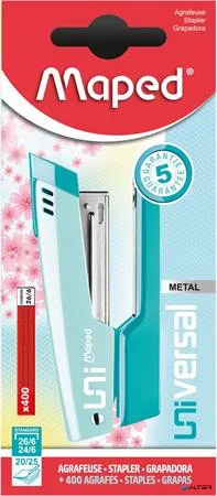 Tűzőgép, 24/6, 26/6, 20 lap, MAPED "Universal Metal Half-Strip Pastel", pasztell türkiz