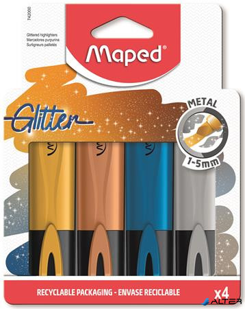 Szövegkiemelő készlet, 1-5 mm, MAPED 'Glitter Fluo Peps', 4 különböző metálfényű szín