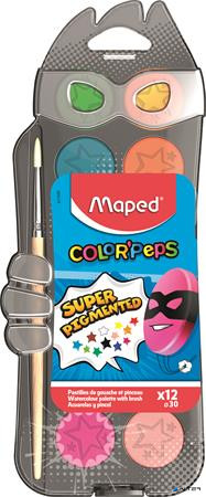Vízfesték, 12 szín, 30 mm átm/szín + ajándék ecset, MAPED