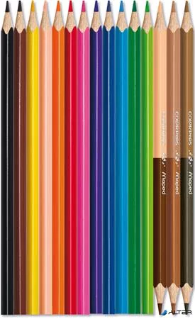 Színes ceruza készlet, háromszögletű, MAPED "Color'Peps World", 12 különböző szín + 3 kétvégű bőrtónus ceruza