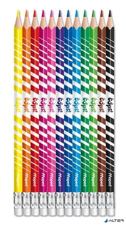 Színes ceruza készlet, háromszögletű, radírozható, MAPED 'Color'Peps Oops', 12 különböző szín