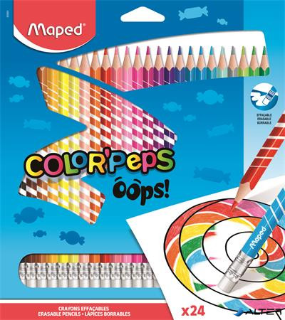 Színes ceruza készlet, háromszögletű, radírozható, MAPED 'Color'Peps Oops', 24 különböző szín