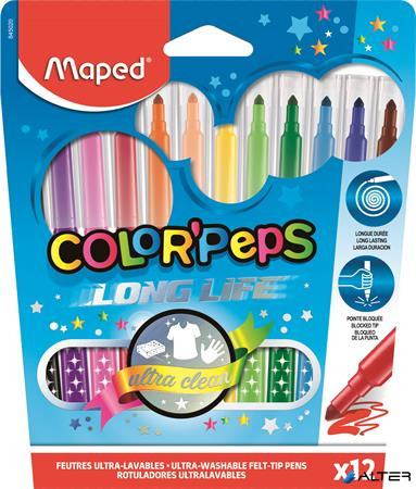 Filctoll készlet, 1-3,6 mm, kimosható, MAPED 'Color'Peps Long Life', 12 különböző szín