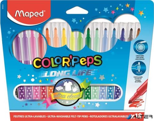 Filctoll készlet, mosható, MAPED "Color'Peps Long Life", 18 különböző szín