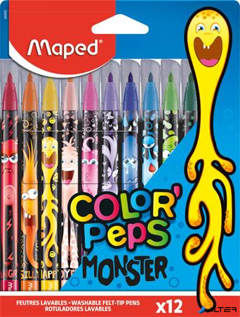 Filctoll készlet, 2,8 mm, kimosható, MAPED 'Color'Peps Monster' 12 különböző szín