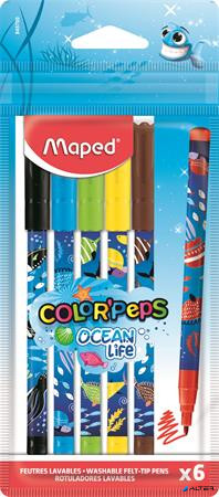Filctoll készlet, 2 mm, kimosható, MAPED 'Color'Peps Ocean Life', 6 különböző szín