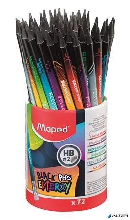 Grafitceruza radírral, ceruzatartó, HB, háromszögletű, MAPED "Black'Peps Energy", 6 különböző minta