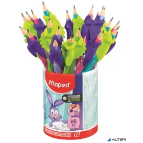   Írástanuló grafitceruza radírral, ceruzatartó, HB, háromszögletű, ceruzafogóval, MAPED "Kidy Learn", vegyes színek
