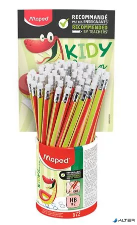 Írástanuló grafitceruza radírral, ceruzatartó, HB, háromszögletű, MAPED "Kidy Learn", 72 darab