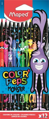 Színes ceruza készlet, háromszögletű, MAPED 'Color'Peps Monster', 12 különböző szín
