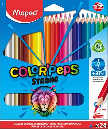 Színes ceruza készlet, háromszögletű, MAPED 'Color'Peps Strong', 24 különböző szín