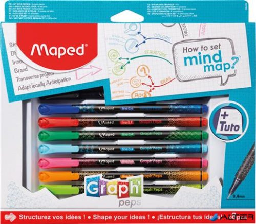 Tűfilc készlet, 0,4 mm, MAPED "Graph'Peps - How to Mind Map Box", 8 különböző szín