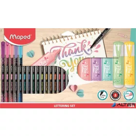   Kalligrafikus készlet, 22 darabos, MAPED 'Lettering Set', 6 szövegkiemelő + 16 tűfilc különböző színekben