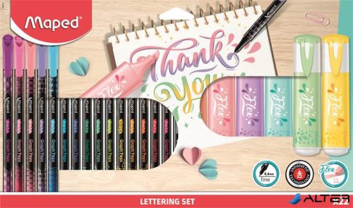 Kalligrafikus készlet, 22 darabos, MAPED 'Lettering Set', 6 szövegkiemelő + 16 tűfilc különböző színekben