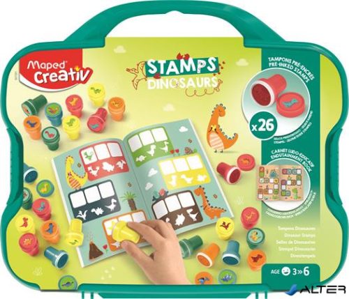 Nyomdázó készlet, foglalkoztató füzettel, bőröndben, MAPED CREATIV "Stamps", dinoszaurusz