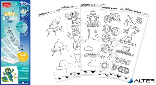 Kreatív rajzkészlet, kiegészítő sablon, űrtematika, MAPED CREATIV 'Lumi Board'