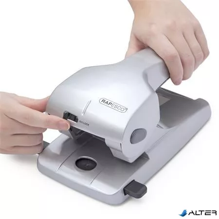 Lyukasztó, nagyteljesítményű, kétlyukú, 65 lap, fém, RAPESCO "Zero 65", ezüst