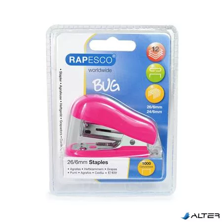 Tűzőgép, 24/6, 26/6, 12 lap, RAPESCO "Bug Mini", pink