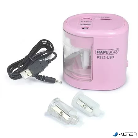 Hegyező, kétlyukú, asztali, elemes, USB töltővel, RAPESCO'PS12-USB', világos rózsaszín