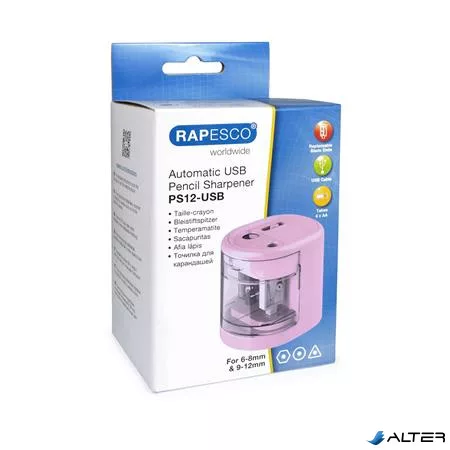 Hegyező, kétlyukú, asztali, elemes, USB töltővel, RAPESCO'PS12-USB', világos rózsaszín