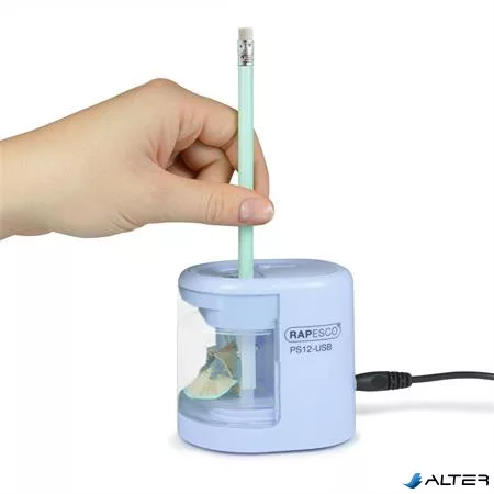Hegyező, kétlyukú, asztali, elemes, USB töltővel, RAPESCO"PS12-USB", világoskék