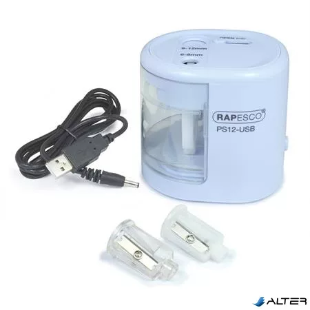 Hegyező, kétlyukú, asztali, elemes, USB töltővel, RAPESCO"PS12-USB", világoskék
