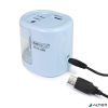 Hegyező, kétlyukú, asztali, elemes, USB töltővel, RAPESCO"PS12-USB", világoskék