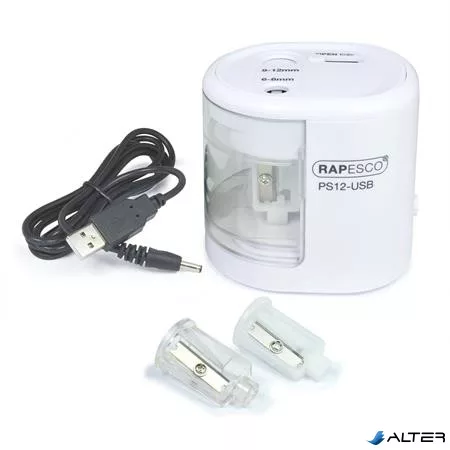 Hegyező, kétlyukú, asztali, elemes, USB töltővel, RAPESCO"PS12-USB", fehér