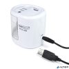 Hegyező, kétlyukú, asztali, elemes, USB töltővel, RAPESCO"PS12-USB", fehér