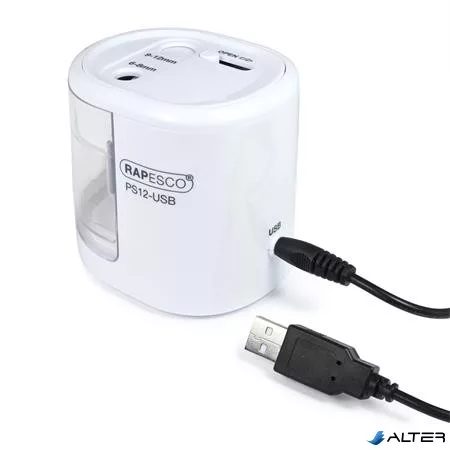 Hegyező, kétlyukú, asztali, elemes, USB töltővel, RAPESCO"PS12-USB", fehér