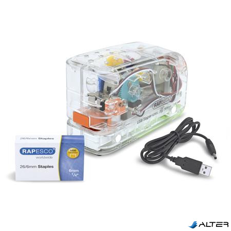 Tűzőgép, 26/6, 15 lap, elemes, USB töltővel, RAPESCO "626EL", átlátszó