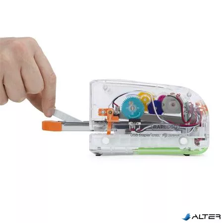 Tűzőgép, 26/6, 15 lap, elemes, USB töltővel, RAPESCO "626EL", átlátszó
