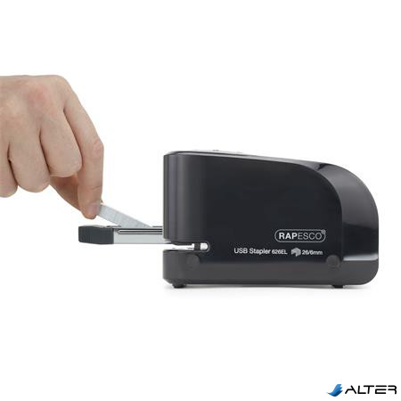 Tűzőgép, 26/6, 15 lap, elemes, USB töltővel, RAPESCO "626EL", fekete